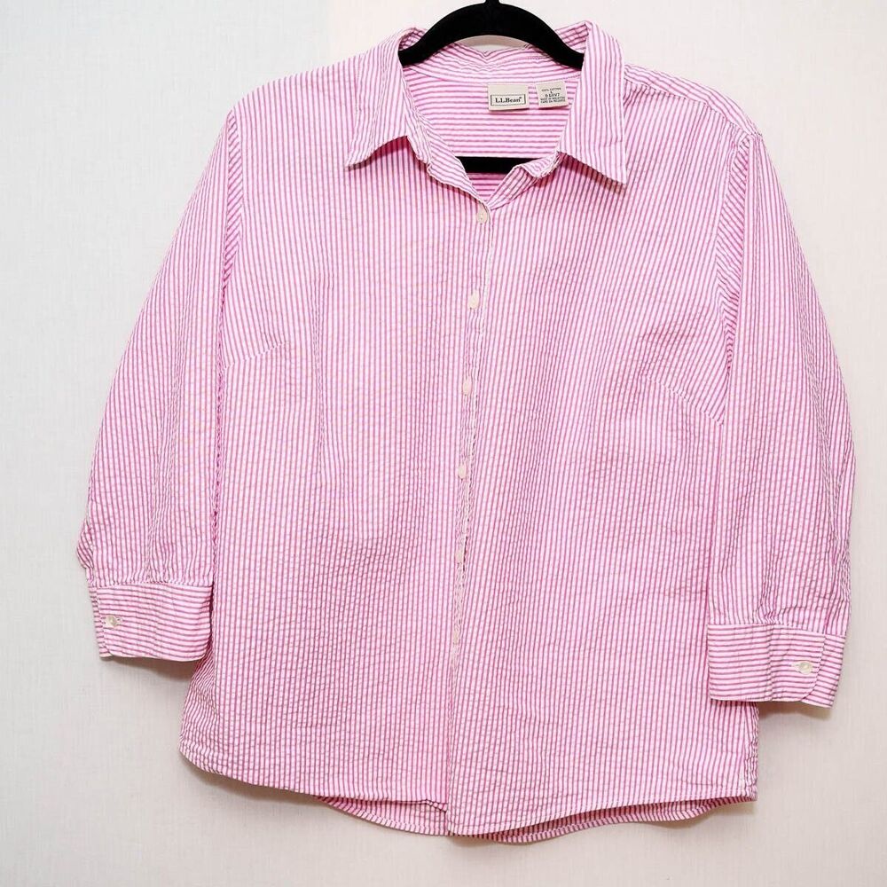 LL Bean cotton L striped pink womens button down shirt O GXV7